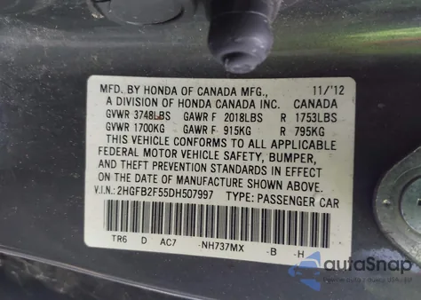 2013 Honda Civic Lx from USA, damaged, VIN 2HGFB2F55DH507997